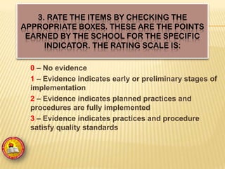 3. RATE THE ITEMS BY CHECKING THE
APPROPRIATE BOXES. THESE ARE THE POINTS
EARNED BY THE SCHOOL FOR THE SPECIFIC
INDICATOR. THE RATING SCALE IS:
0 – No evidence
1 – Evidence indicates early or preliminary stages of
implementation
2 – Evidence indicates planned practices and
procedures are fully implemented
3 – Evidence indicates practices and procedure
satisfy quality standards
 