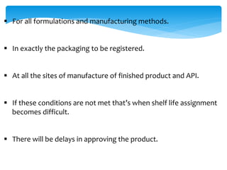 For all formulations and manufacturing methods. 
 In exactly the packaging to be registered. 
 At all the sites of manufacture of finished product and API. 
 If these conditions are not met that’s when shelf life assignment 
becomes difficult. 
 There will be delays in approving the product. 
 