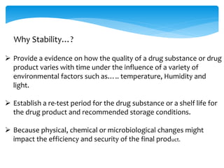 Why Stability…? 
 Provide a evidence on how the quality of a drug substance or drug 
product varies with time under the influence of a variety of 
environmental factors such as….. temperature, Humidity and 
light. 
 Establish a re-test period for the drug substance or a shelf life for 
the drug product and recommended storage conditions. 
 Because physical, chemical or microbiological changes might 
impact the efficiency and security of the final product. 
 