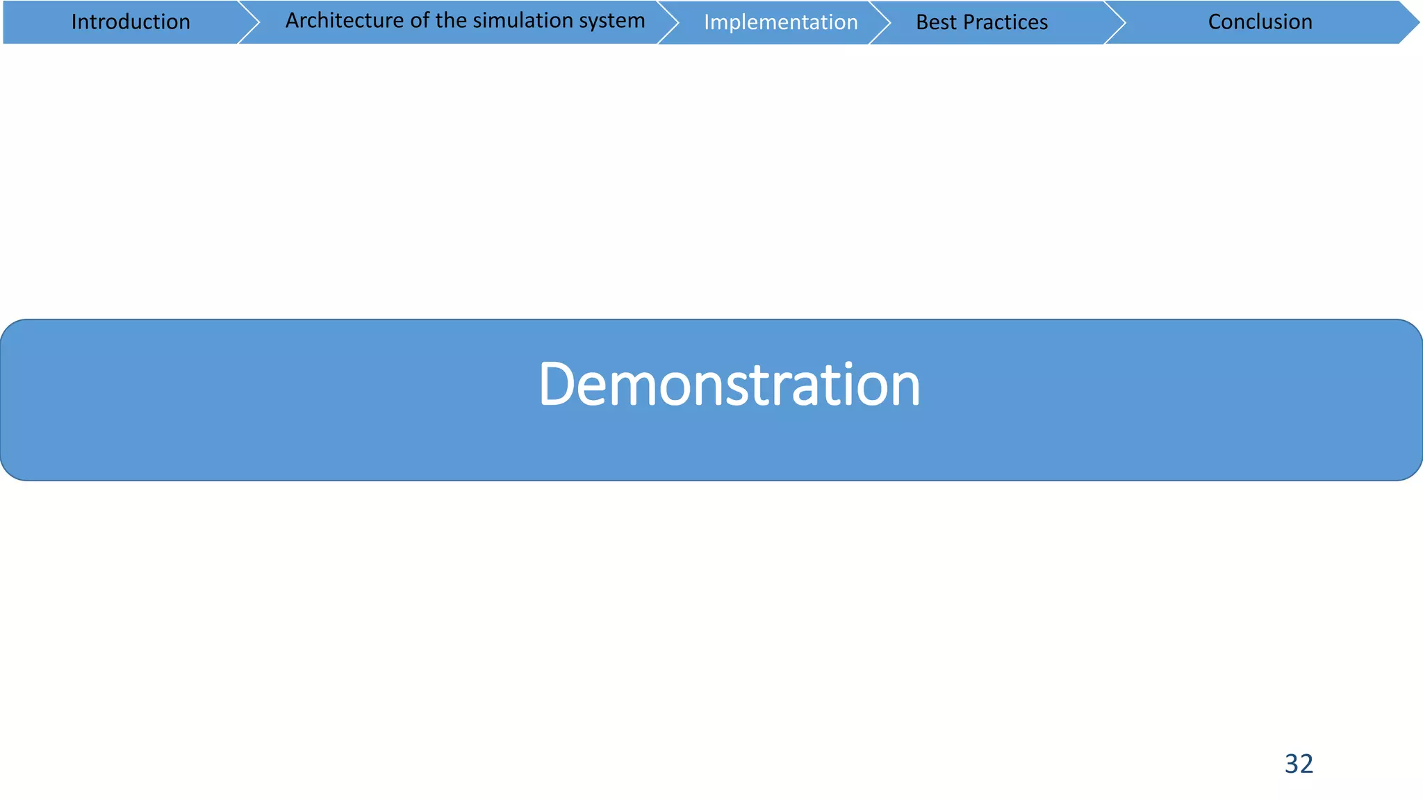 32
Demonstration
Introduction ConclusionArchitecture of the simulation system Implementation Best Practices
 