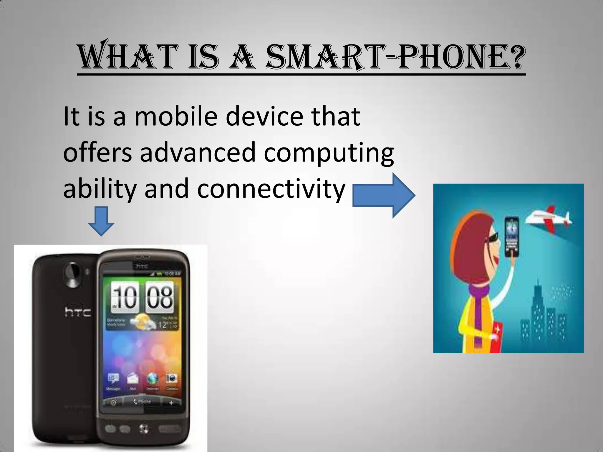 What is a smart-phone?It is a mobile device that offers advanced computing ability and connectivity