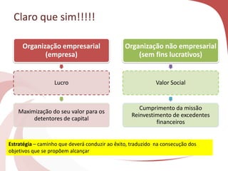 Claro que sim!!!!!
Organização empresarial
(empresa)
Lucro
Maximização do seu valor para os
detentores de capital
Organização não empresarial
(sem fins lucrativos)
Valor Social
Cumprimento da missão
Reinvestimento de excedentes
financeiros
Estratégia – caminho que deverá conduzir ao êxito, traduzido na consecução dos
objetivos que se propõem alcançar
 