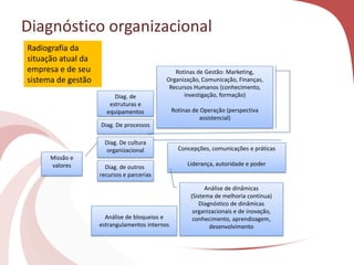 Diagnóstico organizacional
Diag. de outros
recursos e parcerias
Diag. De cultura
organizacional
Diag. De processos
Diag. de
estruturas e
equipamentos
Rotinas de Gestão: Marketing,
Organização, Comunicação, Finanças,
Recursos Humanos (conhecimento,
investigação, formação)
Rotinas de Operação (perspectiva
assistencial)
Concepções, comunicações e práticas
Liderança, autoridade e poder
Análise de dinâmicas
(Sistema de melhoria contínua)
Diagnóstico de dinâmicas
organizacionais e de inovação,
conhecimento, aprendizagem,
desenvolvimento
Análise de bloqueios e
estrangulamentos internos
Missão e
valores
Radiografia da
situação atual da
empresa e de seu
sistema de gestão
 