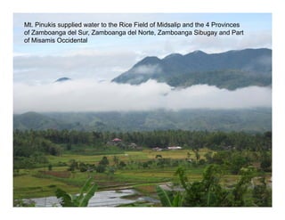 Mt. Pinukis supplied water to the Rice Field of Midsalip and the 4 Provinces
of Zamboanga del Sur, Zamboanga del Norte, Zamboanga Sibugay and Part
of Misamis Occidental
 