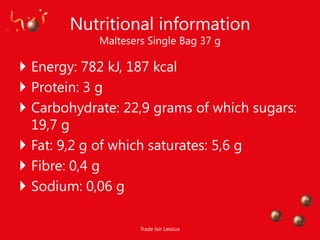 Nutritional information
            Maltesers Single Bag 37 g

 Energy: 782 kJ, 187 kcal
 Protein: 3 g
 Carbohydrate: 22,9 grams of which sugars:
  19,7 g
 Fat: 9,2 g of which saturates: 5,6 g
 Fibre: 0,4 g
 Sodium: 0,06 g

                    Trade fair Lessius
 