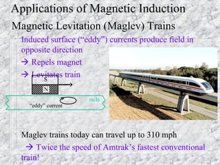 Applications of Magnetic Induction
•   Magnetic Levitation (Maglev) Trains
    •   Induced surface (“eddy”) currents produce field in
        opposite direction
         Repels magnet
         Levitates train
              S
                N
                           rails
          “eddy” current




    •   Maglev trains today can travel up to 310 mph
           Twice the speed of Amtrak’s fastest conventional
        train!
 