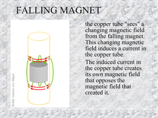 FALLING MAGNET
          •   the copper tube "sees" a
              changing magnetic field
              from the falling magnet.
              This changing magnetic
              field induces a current in
              the copper tube.
          •   The induced current in
              the copper tube creates
              its own magnetic field
              that opposes the
              magnetic field that
              created it.
 