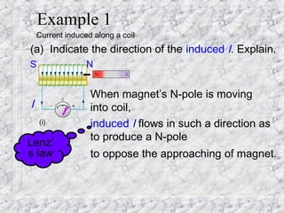 Example 1
    Current induced along a coil
(a) Indicate the direction of the induced I. Explain.
S                 N


                   When magnet’s N-pole is moving
I                  into coil,
    (i)            induced I flows in such a direction as
                   to produce a N-pole
Lenz’
s law              to oppose the approaching of magnet.
 