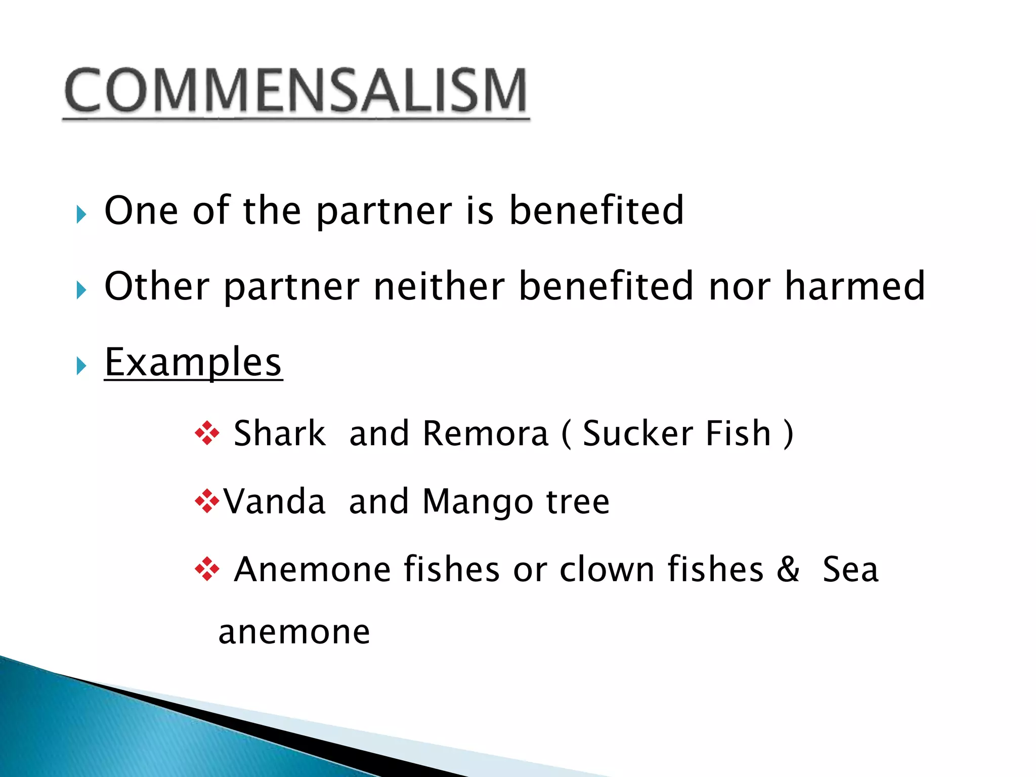  One of the partner is benefited 
 Other partner neither benefited nor harmed 
 Examples 
 Shark and Remora ( Sucker Fish ) 
Vanda and Mango tree 
 Anemone fishes or clown fishes & Sea 
anemone 
 