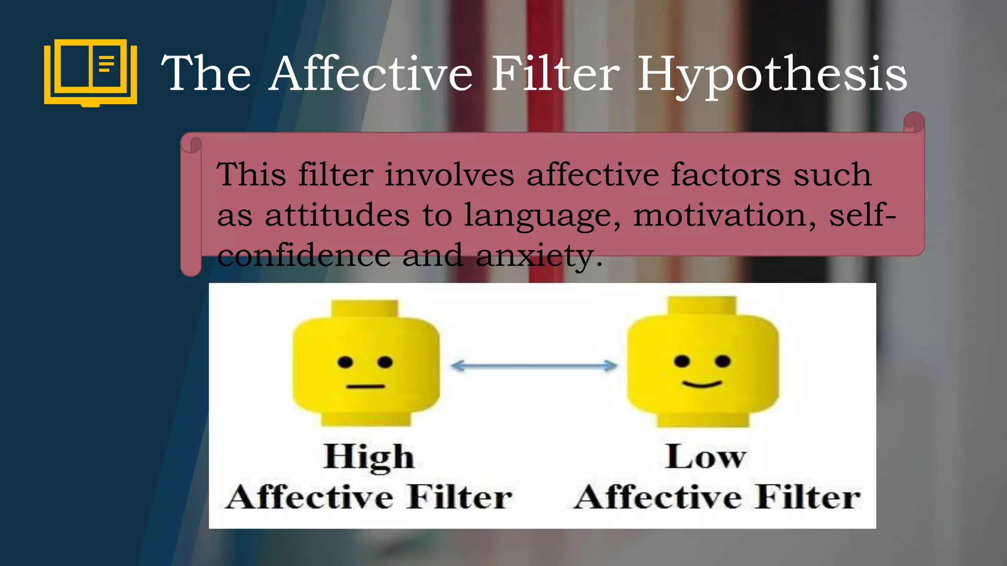 The Affective Filter Hypothesis
This filter involves affective factors such
as attitudes to language, motivation, self-
confidence and anxiety.
 
