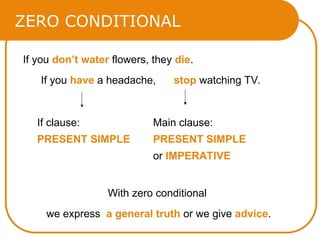 ZERO CONDITIONAL
If you don’t water flowers, they die.
If you have a headache, stop watching TV.
With zero conditional
we express a general truth or we give advice.
If clause:
PRESENT SIMPLE
Main clause:
PRESENT SIMPLE
or IMPERATIVE
 