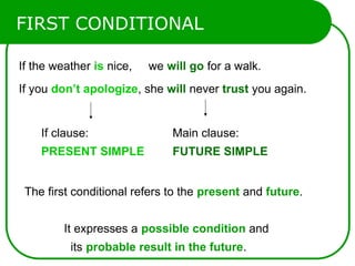 FIRST CONDITIONAL
If the weather is nice, we will go for a walk.
If you don’t apologize, she will never trust you again.
The first conditional refers to the present and future.
It expresses a possible condition and
its probable result in the future.
If clause:
PRESENT SIMPLE
Main clause:
FUTURE SIMPLE
 