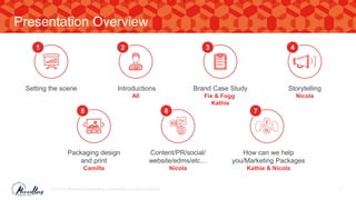 Presentation Overview
© 2017. Marvellous Marketing Confidential. All rights reserved. 3
Setting the scene
1
Introductions
All
2
Brand Case Study
Fix & Fogg
Kathie
3
Storytelling
Nicola
4
Packaging design
and print
Camilla
5
Content/PR/social/
website/edms/etc…
Nicola
6
How can we help
you/Marketing Packages
Kathie & Nicola
7
 