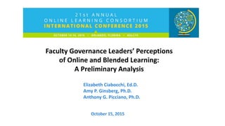 Faculty Governance Leaders’ Perceptions
of Online and Blended Learning:
A Preliminary Analysis
Elizabeth Ciabocchi, Ed.D.
Amy P. Ginsberg, Ph.D.
Anthony G. Picciano, Ph.D.
October 15, 2015
 