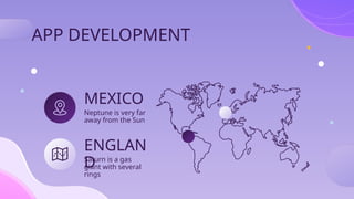 APP DEVELOPMENT
ENGLAN
D
Saturn is a gas
giant with several
rings
MEXICO
Neptune is very far
away from the Sun
 