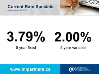 Current Rate Specials * as of January 13, 2010 www.mipartners.ca 3.79% 2.00% 5 year fixed 5 year variable 