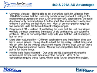 460 & 201A-AU Advantages

 Universal Voltage – Being able to set our unit to work on voltages from
  190-480V means that the user only needs to worry about 1 unit type for
  replacement purposes on both 230V and 460/480V applications, the local
  distributor only needs to keep 1 on the shelf, the service techs only need
  to have 1 unit type on their truck, etc. Most of our competition requires
  two separate units for these different voltage ranges.
 Diagnostic LED – instead of just telling the user that the unit has tripped,
  we help the user determine the cause of trip so that they can solve the
  problem. Most of our competition only tells you that the unit has tripped,
  but not why.
 More User Adjustability – Different applications and installation sites can
  have unique issues. Being able to adjust the trip delay, restart delay and
  trip set point for the voltage unbalance means the end user can set these
  for that location’s unique needs. Most of our competition has fixed set
  points for these things.
 No line-side fuses required – Our units are UL approved without the
  requirement for line-side fuses to protect our unit. Most of our
  competition require these fuses, which adds further cost to the project.
 