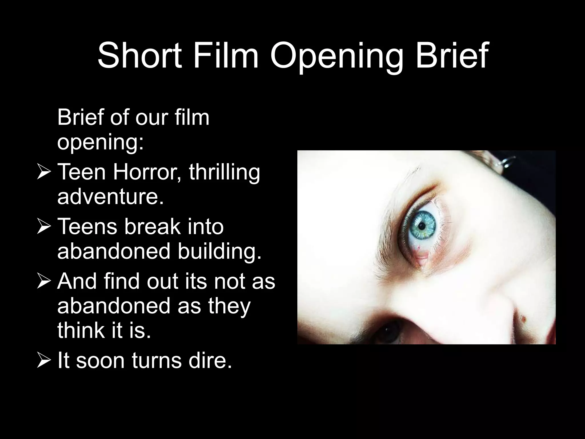 Short Film Opening Brief	Brief of our film opening:Teen Horror, thrilling adventure.