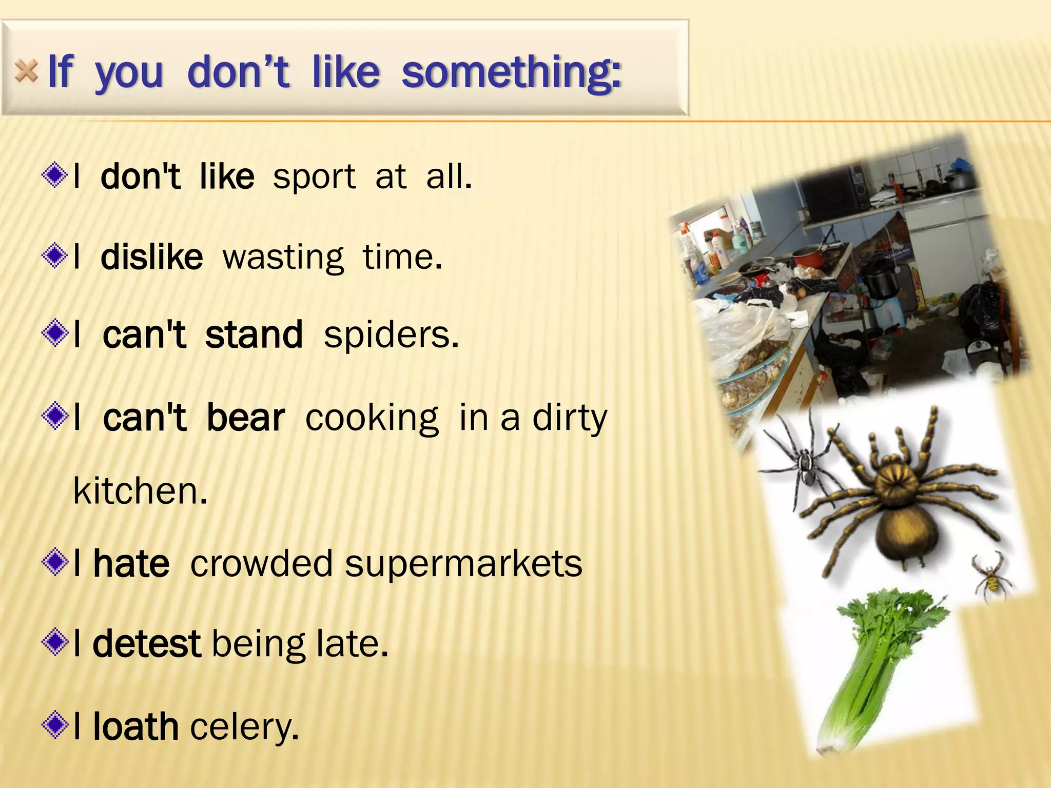If you don’t like something:

 I don't like sport at all.

 I dislike wasting time.

 I can't stand spiders.

 I can't bear cooking in a dirty
 kitchen.
 I hate crowded supermarkets
 I detest being late.

 I loath celery.
 