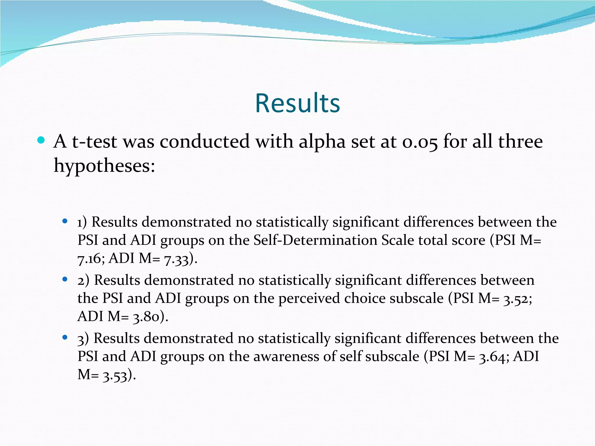 Results A t-test was conducted with alpha set at 0.05 for all three hypotheses: 1) Results demonstrated no statistically significant differences between the PSI and ADI groups on the Self-Determination Scale total score (PSI M= 7.16; ADI M= 7.33). 2) Results demonstrated no statistically significant differences between the PSI and ADI groups on the perceived choice subscale (PSI M= 3.52; ADI M= 3.80). 3) Results demonstrated no statistically significant differences between the PSI and ADI groups on the awareness of self subscale (PSI M= 3.64; ADI M= 3.53). 