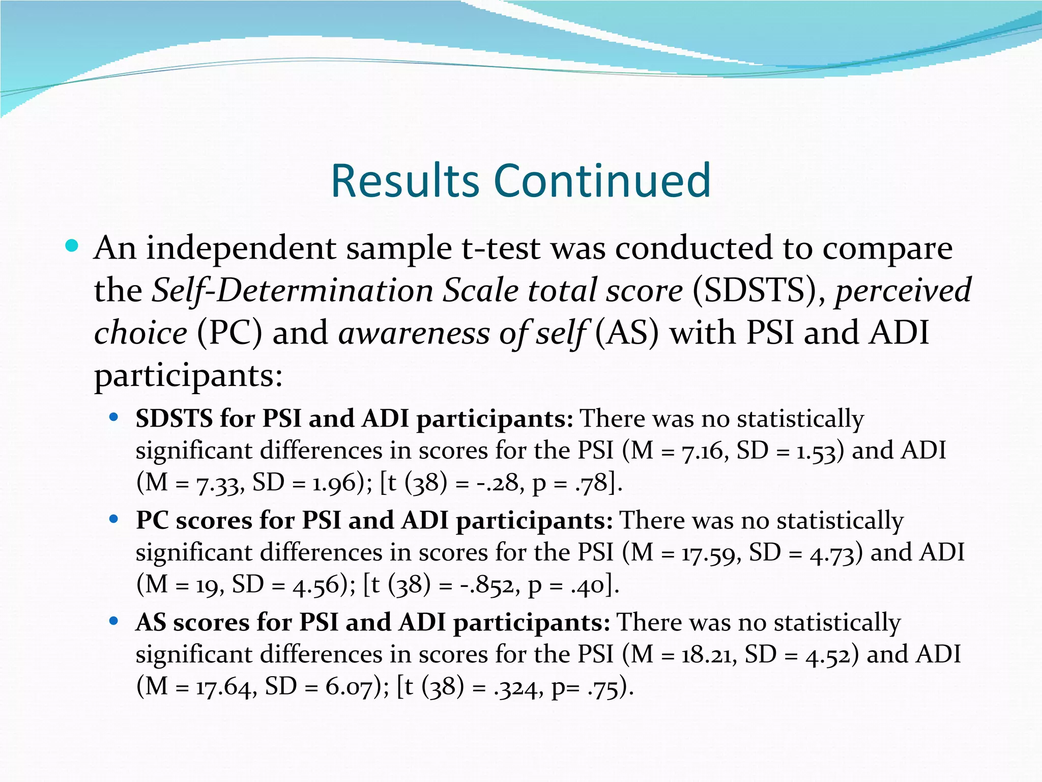 Results Continued An independent sample t-test was conducted to compare the  Self-Determination Scale total score  (SDSTS),  perceived choice  (PC) and  awareness of self  (AS) with PSI and ADI participants: SDSTS for PSI and ADI participants:  There was no statistically significant differences in scores for the PSI (M = 7.16, SD = 1.53) and ADI (M = 7.33, SD = 1.96); [t (38) = -.28, p = .78].  PC scores for PSI and ADI participants:  There was no statistically significant differences in scores for the PSI (M = 17.59, SD = 4.73) and ADI (M = 19, SD = 4.56); [t (38) = -.852, p = .40]. AS scores for PSI and ADI participants:  There was no statistically significant differences in scores for the PSI (M = 18.21, SD = 4.52) and ADI (M = 17.64, SD = 6.07); [t (38) = .324, p= .75). 