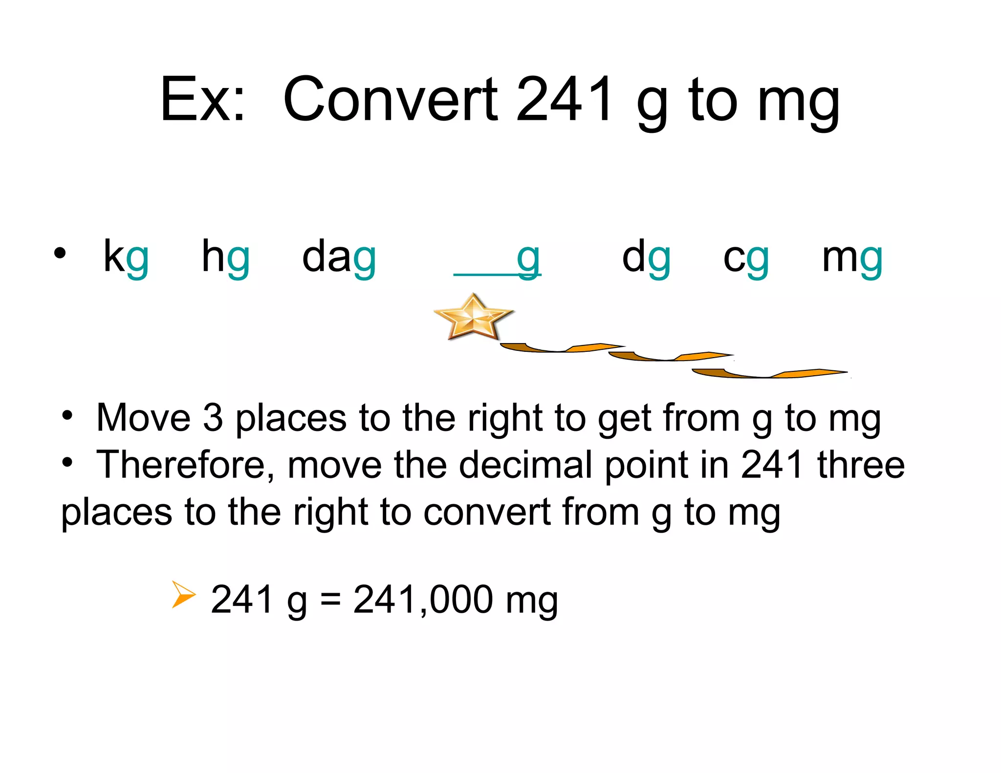 Ex: Convert 241 g to mg
• kg

hg

dag

g

dg

cg

mg

• Move 3 places to the right to get from g to mg
• Therefore, move the decimal point in 241 three
places to the right to convert from g to mg
 241 g = 241,000 mg

 