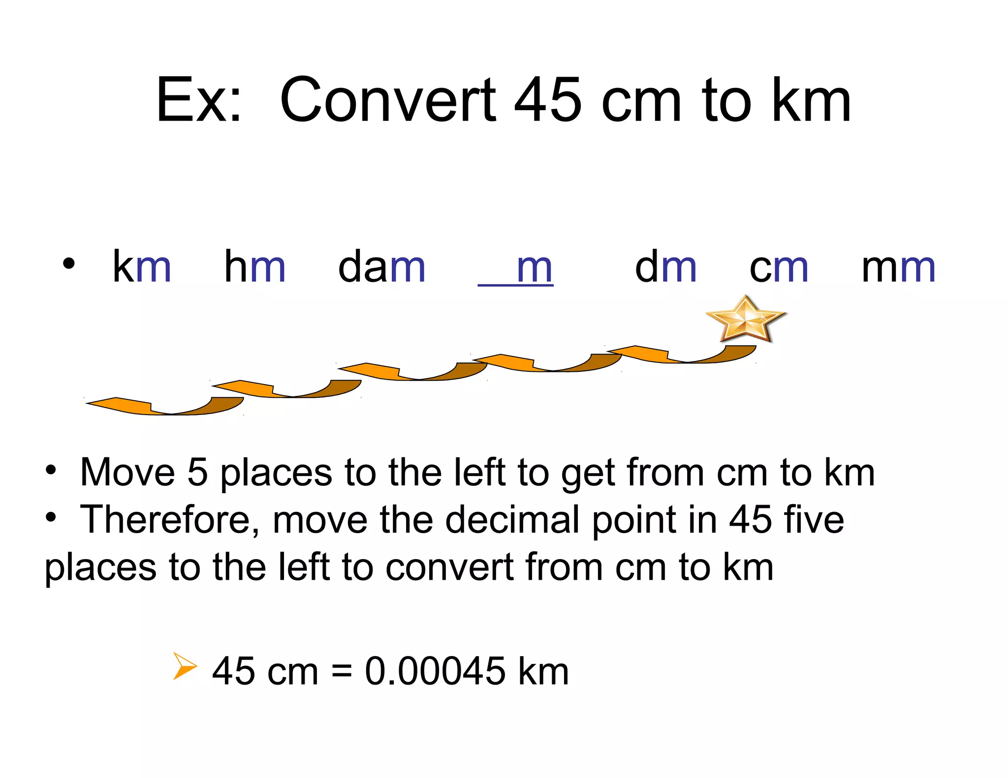 Ex: Convert 45 cm to km
• km

hm

dam

m

dm

cm

mm

• Move 5 places to the left to get from cm to km
• Therefore, move the decimal point in 45 five
places to the left to convert from cm to km
 45 cm = 0.00045 km

 