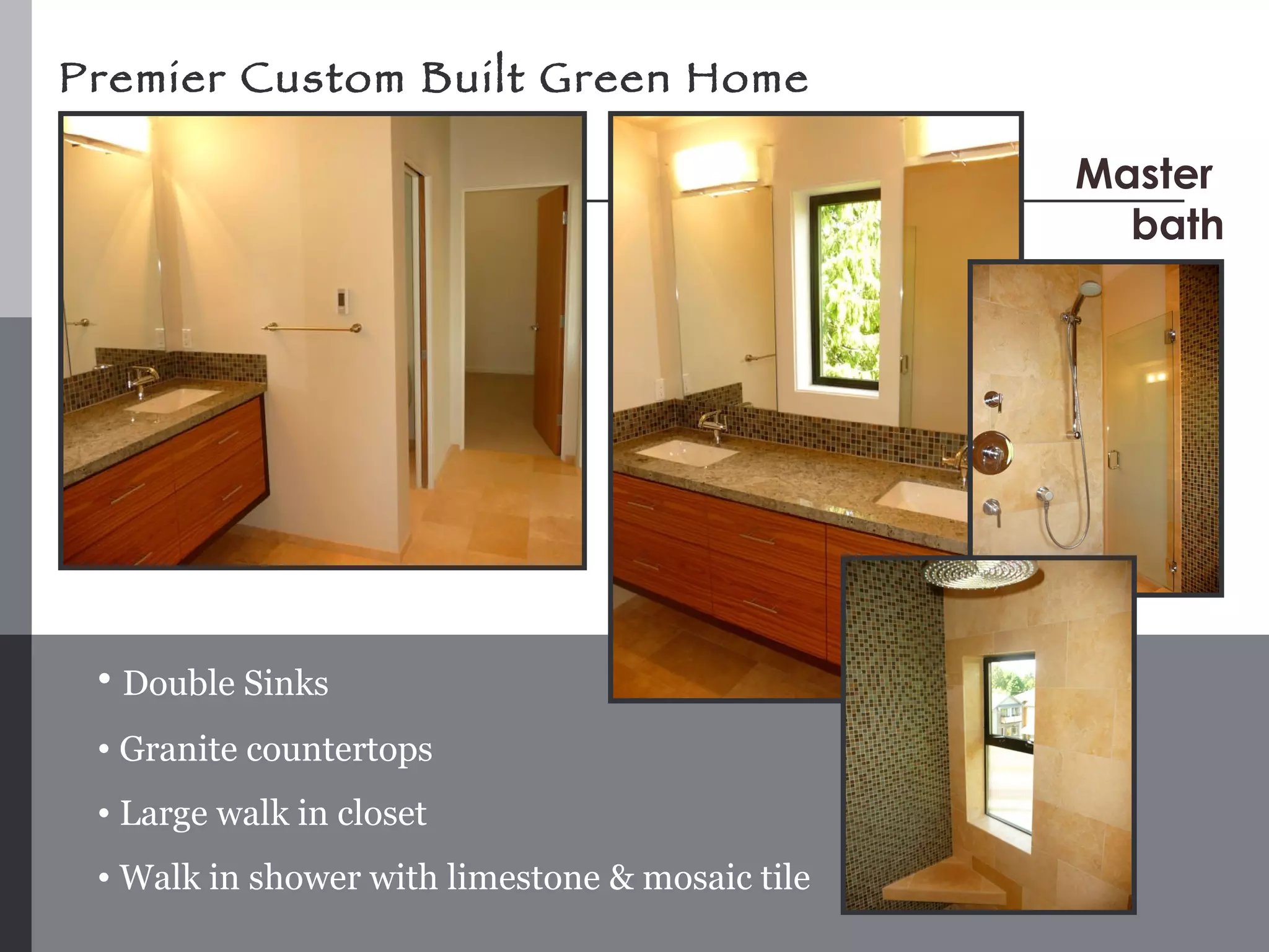 Premier Custom Built Green Home Double Sinks Granite countertops Large walk in closet Walk in shower with limestone & mosaic tile Master  bath 