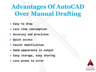 Advantages Of AutoCAD
Over Manual Drafting
 Easy to draw
 Less time consumption
 Accuracy and precision
 Quick access
 Easier modification
 Good appearance in output
 Easy storage, easy sharing
 Less prone to error
 