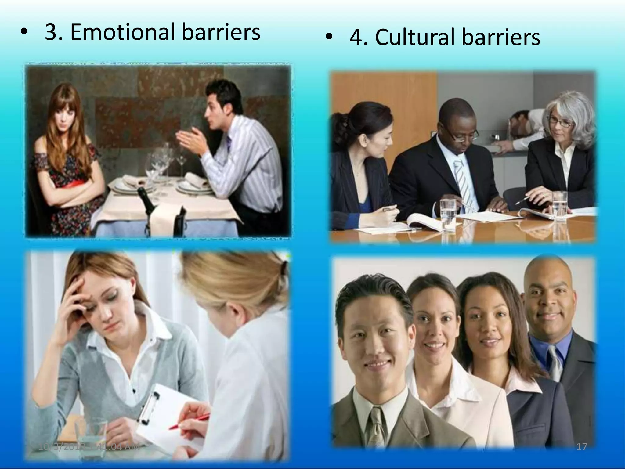 • 3. Emotional barriers • 4. Cultural barriers
10/3/2013 1:41:04 AM 17
 