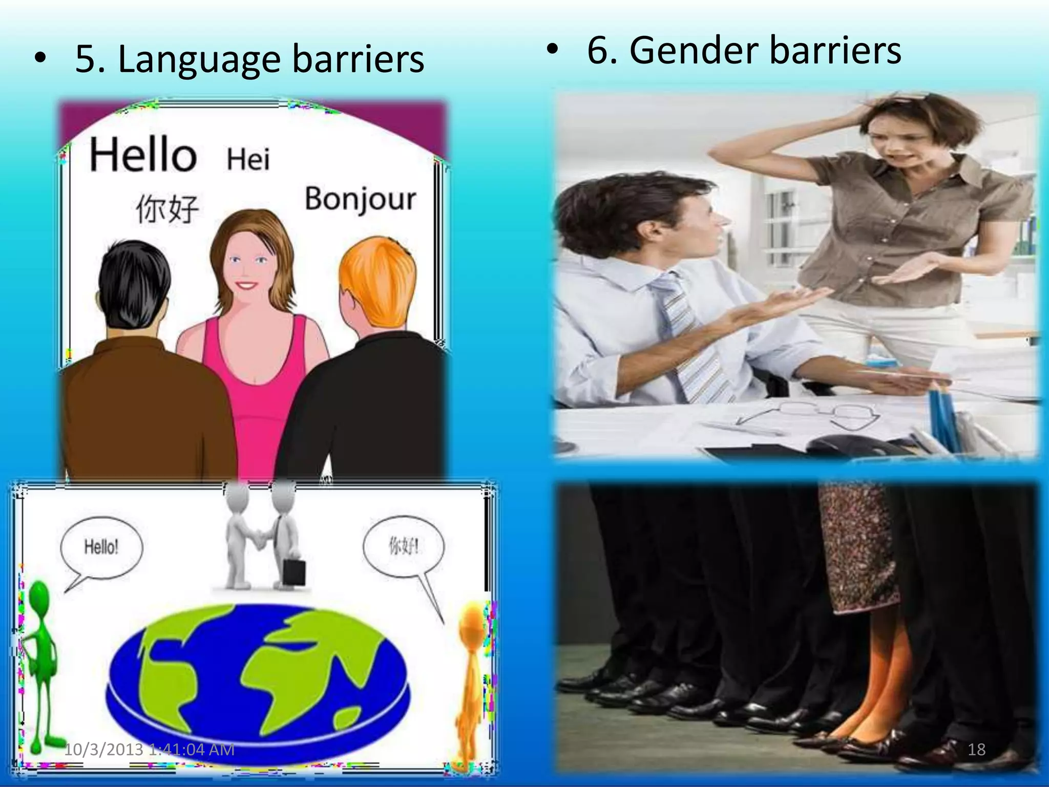 • 5. Language barriers • 6. Gender barriers
10/3/2013 1:41:04 AM 18
 