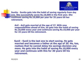 Sunita  -  Sunita gets into the habit of saving regularly from day one. She successfully saves Rs.10,000 in the first year. She continues saving Rs.10,000 per year for 35 years till her retirement. Anil - Anil gets married at the age of 27. With new responsibilities ahead of him, he gets into the habit of saving Rs.10,000 every year and continues saving Rs.10,000 per year for 33 years till his retirement. Sunil - Sunil is the last one to start saving. He gets married and becomes a father at the age of 30. He, too, realises that he cannot delay his savings decision any more. He gets into the habit of saving Rs.10,000 every year and continues with this for 30 years till his retirement. 