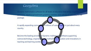 Geogebra
Dynamic mathematics software for all levels of education that brings together
geometry, algebra,spreadsheets,graphing,statistics and calculus is one easy to use
package.
A rapidly expanding community of millions of users located in just about every
country.
Become the leading provider of dynamic mathematics software,supporting
science,technology, engineering and maths(STEM) education and innovations in
teaching and learning worldwide.
 