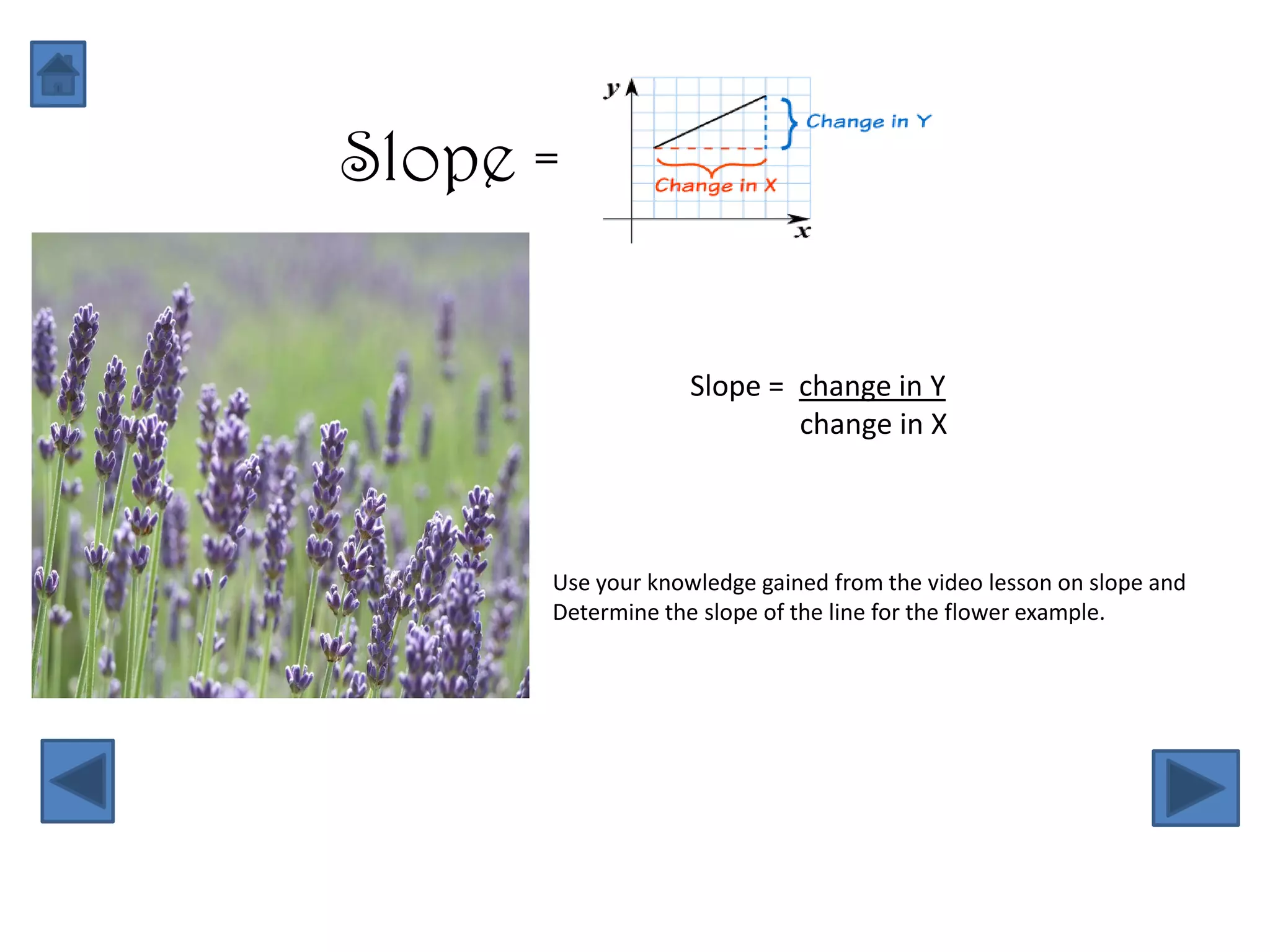 Slope =


                   Slope = change in Y
                           change in X



      Use your knowledge gained from the video lesson on slope and
      Determine the slope of the line for the flower example.
 