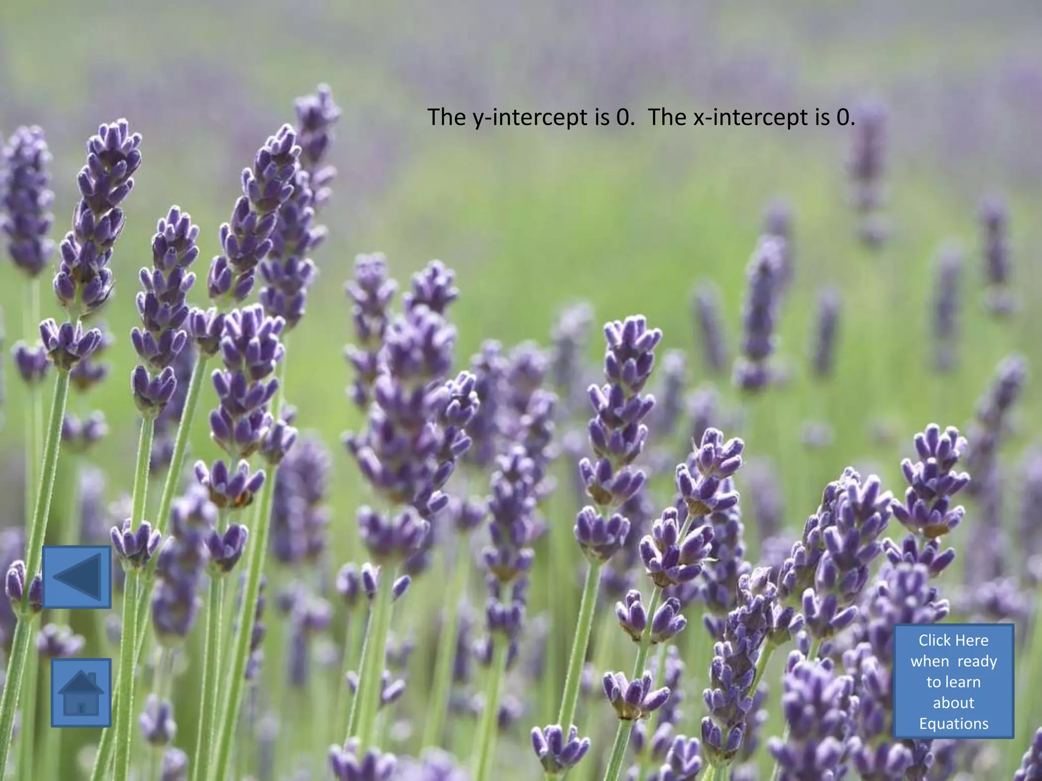 The y-intercept is 0. The x-intercept is 0.




                                               Click Here
                                              when ready
                                                to learn
                                                 about
                                               Equations
 