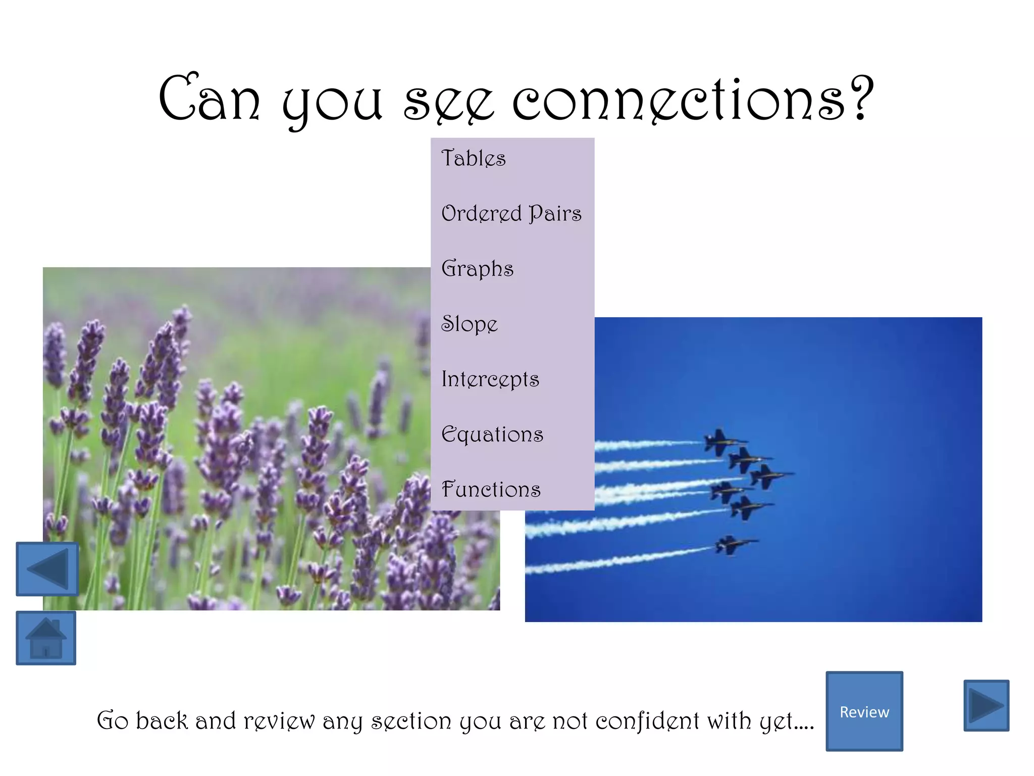 Can you see connections?
                              Tables

                              Ordered Pairs

                              Graphs

                              Slope

                              Intercepts

                              Equations

                              Functions




Go back and review any section you are not confident with yet….   Review
 