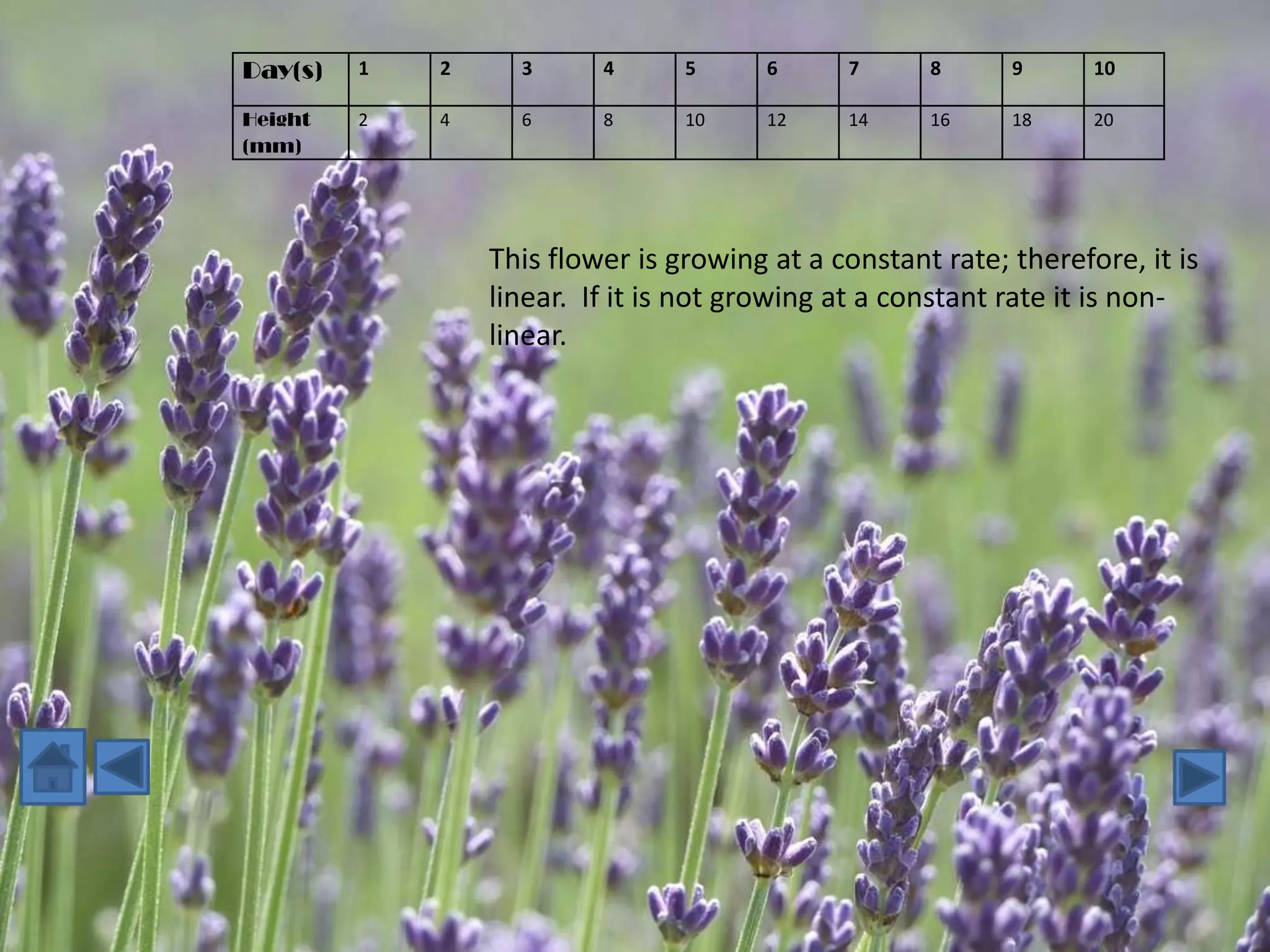 Day(s)   1   2     3      4      5      6     7      8      9      10

Height   2   4     6      8      10     12    14     16     18     20
(mm)




                 This flower is growing at a constant rate; therefore, it is
                 linear. If it is not growing at a constant rate it is non-
                 linear.
 