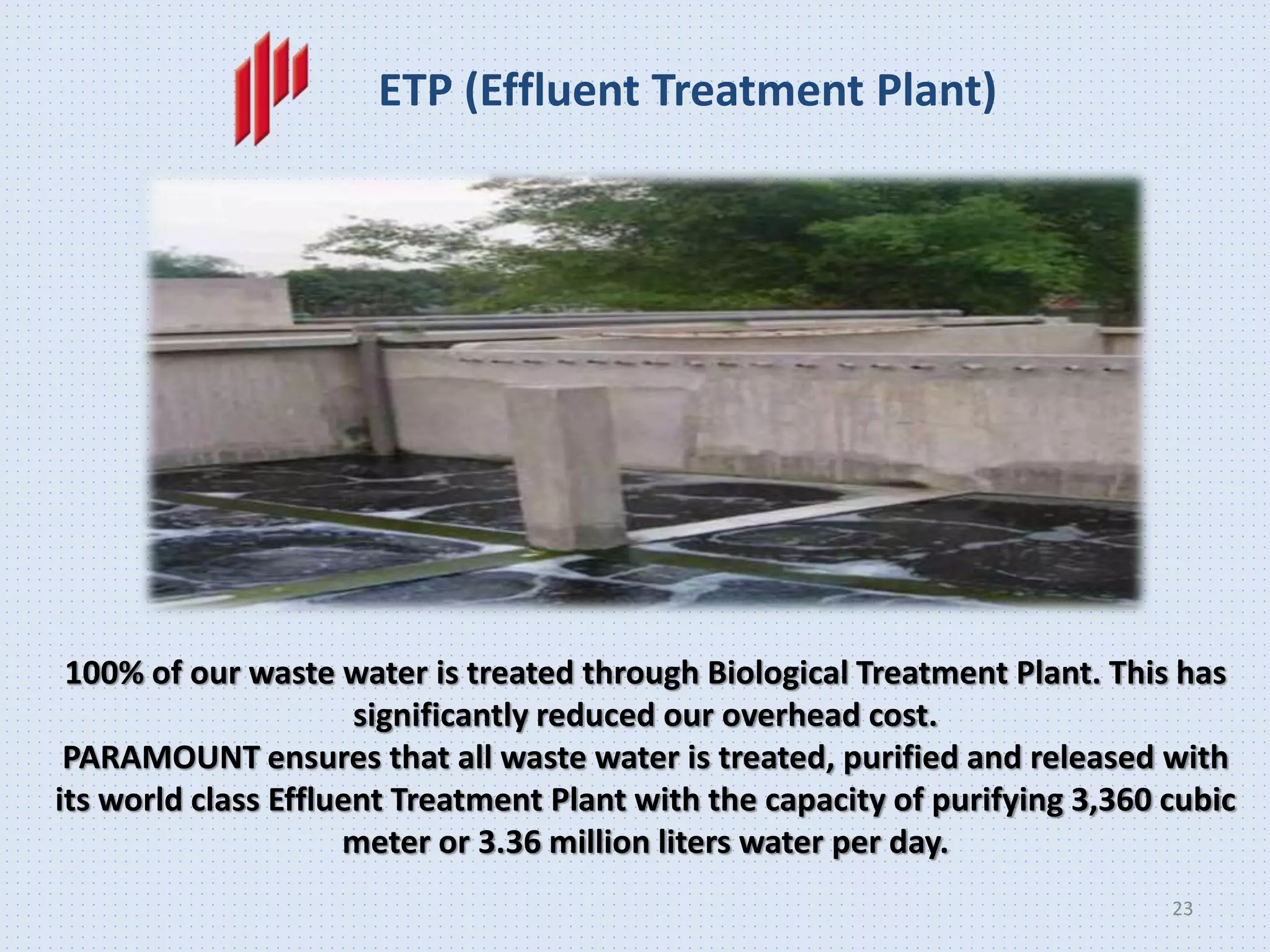 23
ETP (Effluent Treatment Plant)
100% of our waste water is treated through Biological Treatment Plant. This has
significantly reduced our overhead cost.
PARAMOUNT ensures that all waste water is treated, purified and released with
its world class Effluent Treatment Plant with the capacity of purifying 3,360 cubic
meter or 3.36 million liters water per day.
 