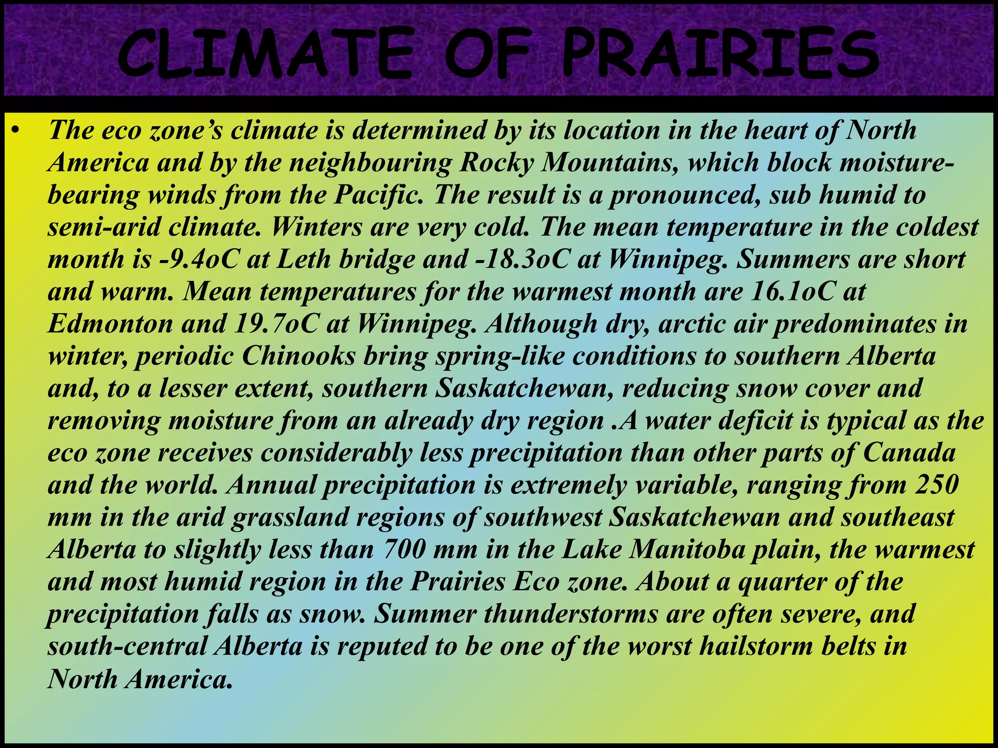 CLIMATE OF PRAIRIES
• The eco zone’s climate is determined by its location in the heart of North
America and by the neighbouring Rocky Mountains, which block moisture-
bearing winds from the Pacific. The result is a pronounced, sub humid to
semi-arid climate. Winters are very cold. The mean temperature in the coldest
month is -9.4oC at Leth bridge and -18.3oC at Winnipeg. Summers are short
and warm. Mean temperatures for the warmest month are 16.1oC at
Edmonton and 19.7oC at Winnipeg. Although dry, arctic air predominates in
winter, periodic Chinooks bring spring-like conditions to southern Alberta
and, to a lesser extent, southern Saskatchewan, reducing snow cover and
removing moisture from an already dry region .A water deficit is typical as the
eco zone receives considerably less precipitation than other parts of Canada
and the world. Annual precipitation is extremely variable, ranging from 250
mm in the arid grassland regions of southwest Saskatchewan and southeast
Alberta to slightly less than 700 mm in the Lake Manitoba plain, the warmest
and most humid region in the Prairies Eco zone. About a quarter of the
precipitation falls as snow. Summer thunderstorms are often severe, and
south-central Alberta is reputed to be one of the worst hailstorm belts in
North America.
 