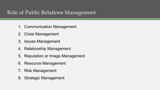 Role of Public Relations Management
1. Communication Management
2. Crisis Management
3. Issues Management
4. Relationship Management
5. Reputation or Image Management
6. Resource Management
7. Risk Management
8. Strategic Management
 
