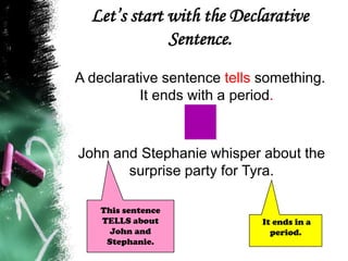 Let’s start with the Declarative
Sentence.
A declarative sentence tells something.
It ends with a period.
John and Stephanie whisper about the
surprise party for Tyra.
It ends in a
period.
This sentence
TELLS about
John and
Stephanie.
 