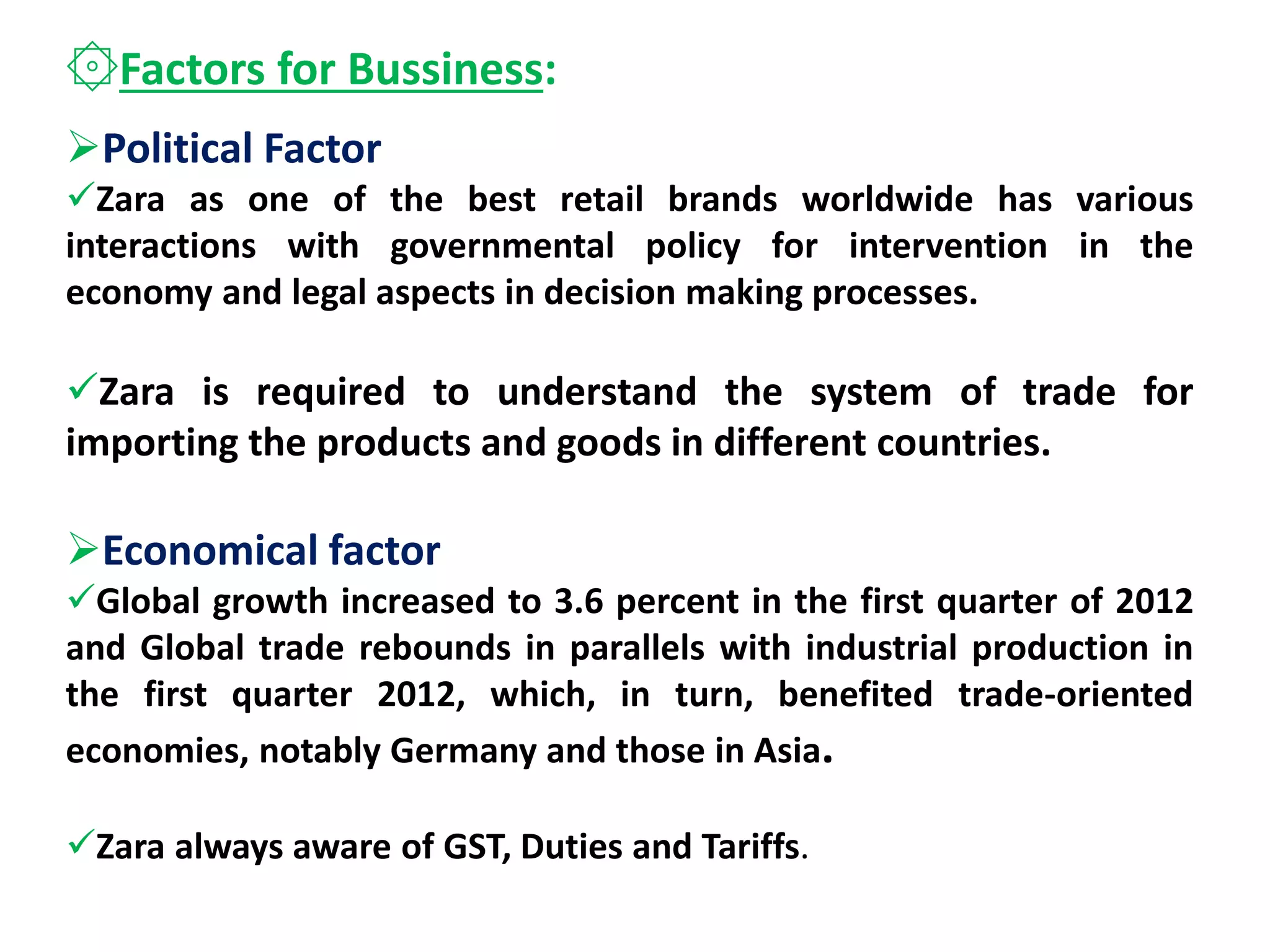 ۞Factors for Bussiness:
Political Factor
Zara as one of the best retail brands worldwide has various
interactions with governmental policy for intervention in the
economy and legal aspects in decision making processes.
Zara is required to understand the system of trade for
importing the products and goods in different countries.
Economical factor
Global growth increased to 3.6 percent in the first quarter of 2012
and Global trade rebounds in parallels with industrial production in
the first quarter 2012, which, in turn, benefited trade-oriented
economies, notably Germany and those in Asia.
Zara always aware of GST, Duties and Tariffs.
 
