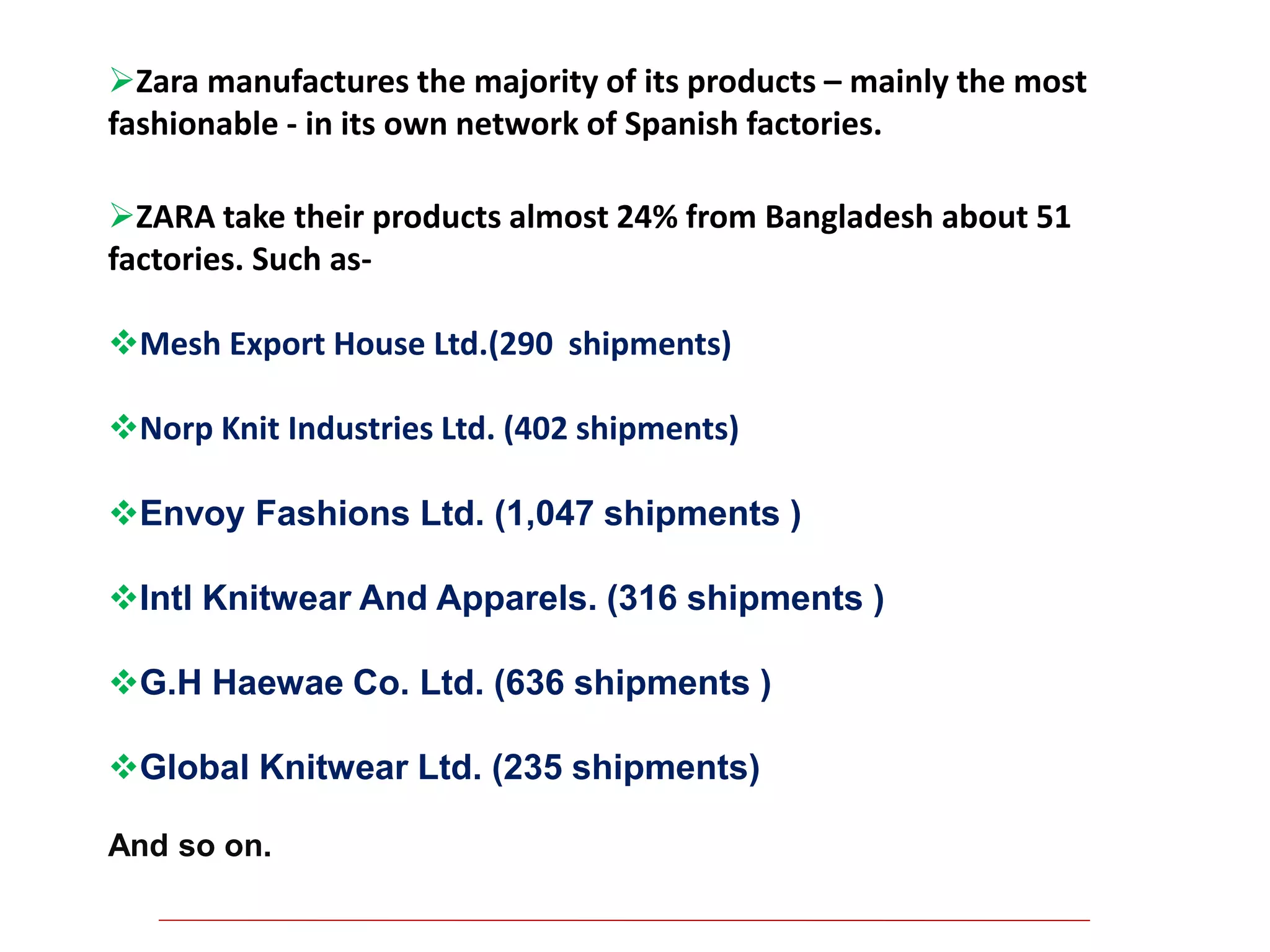 Zara manufactures the majority of its products – mainly the most
fashionable - in its own network of Spanish factories.
ZARA take their products almost 24% from Bangladesh about 51
factories. Such as-
Mesh Export House Ltd.(290 shipments)
Norp Knit Industries Ltd. (402 shipments)
Envoy Fashions Ltd. (1,047 shipments )
Intl Knitwear And Apparels. (316 shipments )
G.H Haewae Co. Ltd. (636 shipments )
Global Knitwear Ltd. (235 shipments)
And so on.
 
