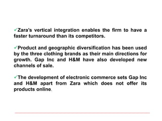 Zara’s vertical integration enables the firm to have a
faster turnaround than its competitors.
Product and geographic diversification has been used
by the three clothing brands as their main directions for
growth. Gap Inc and H&M have also developed new
channels of sale.
The development of electronic commerce sets Gap Inc
and H&M apart from Zara which does not offer its
products online.
 