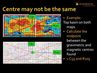  Example:
Top basin on both
maps
 Calculate the
midpoint
between the
gravimetric and
magnetic centres
found
 = C55 and R105
C50
R100
C60
R110
 