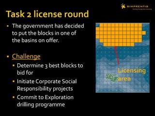  The government has decided
to put the blocks in one of
the basins on offer.
 Challenge
 Determine 3 best blocks to
bid for
 Initiate Corporate Social
Responsibility projects
 Commit to Exploration
drilling programme
Licensing
area
 