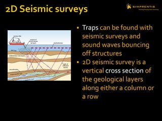  Traps can be found with
seismic surveys and
sound waves bouncing
off structures
 2D seismic survey is a
vertical cross section of
the geological layers
along either a column or
a row
 