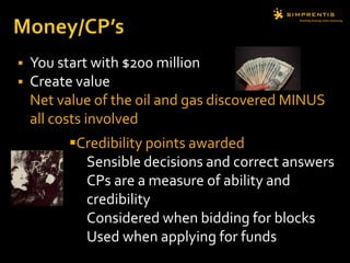  You start with $200 million
 Create value
Net value of the oil and gas discovered MINUS
all costs involved
Credibility points awarded
Sensible decisions and correct answers
CPs are a measure of ability and
credibility
Considered when bidding for blocks
Used when applying for funds
 