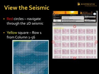  Red circles – navigate
through the 2D seismic
 Yellow square – Row 1
from Column 1-56
 