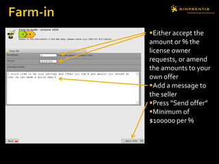 Either accept the
amount or % the
license owner
requests, or amend
the amounts to your
own offer
Add a message to
the seller
Press “Send offer”
Minimum of
$100000 per %
 